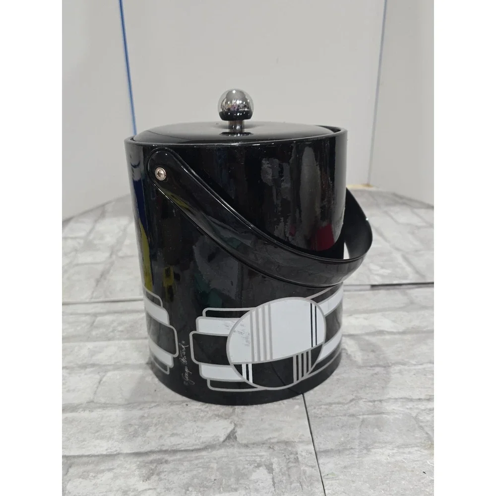Georges Briard True Vtg Black White Art Deco Vinyl Ice Bucket Geometric Abstract